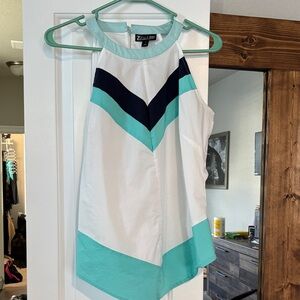 New York & Company White and Teal Tank Top